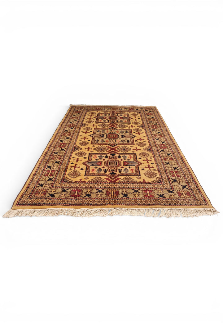 Gold Caucasian Star Kazak Rug, Hand-Knotted Afghan Wool
