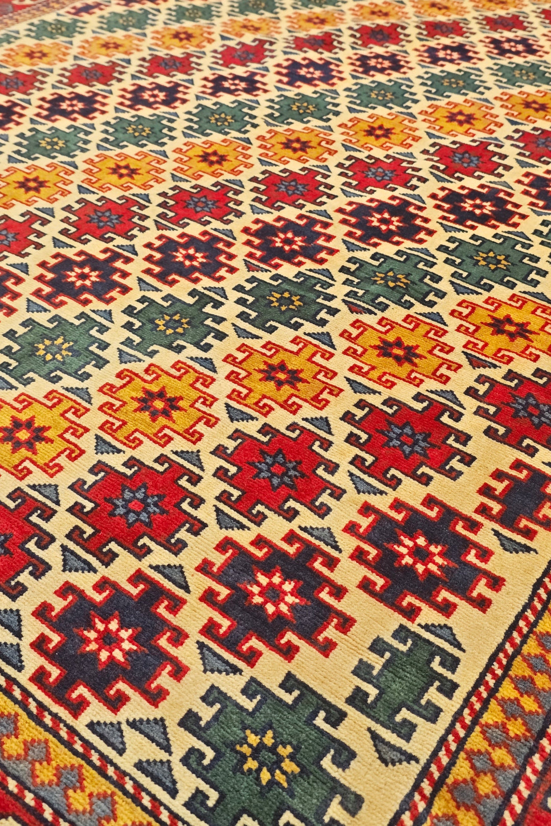 Multicolour Diamond Lattice Rug, Hand-Knotted Afghani Sherwan