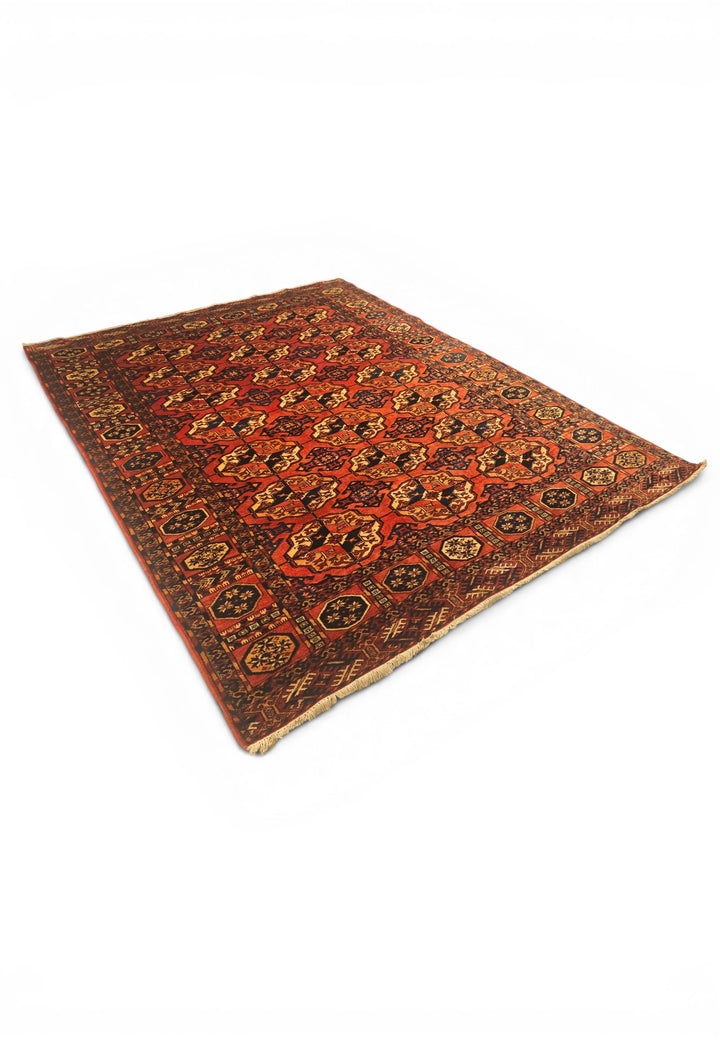 Burnt Orange Bokhara Gül Rug, Hand-Knotted Afghani Sherwan