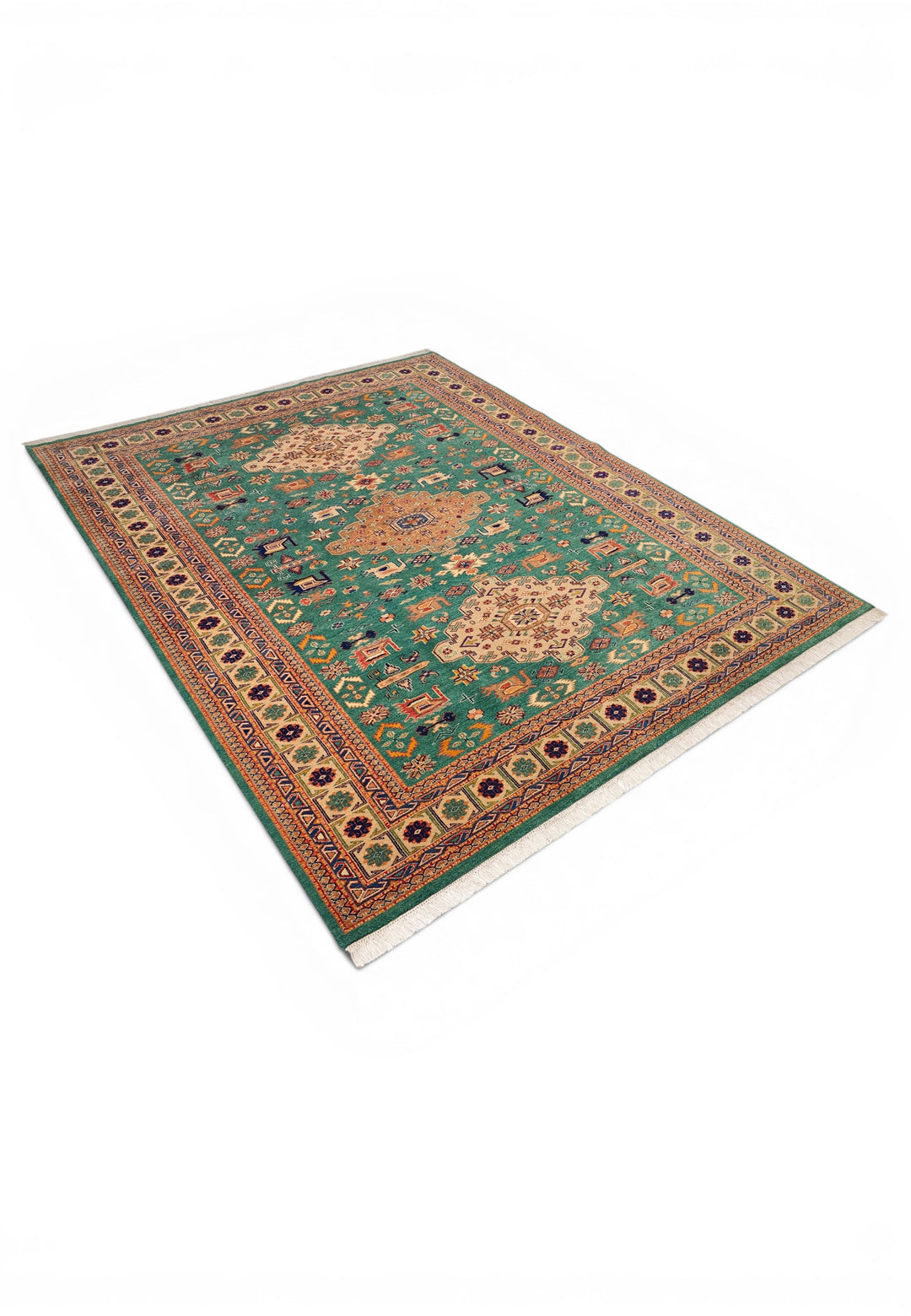 Green Tribal Medallion Rug, Hand-Knotted Afghani Sherwan