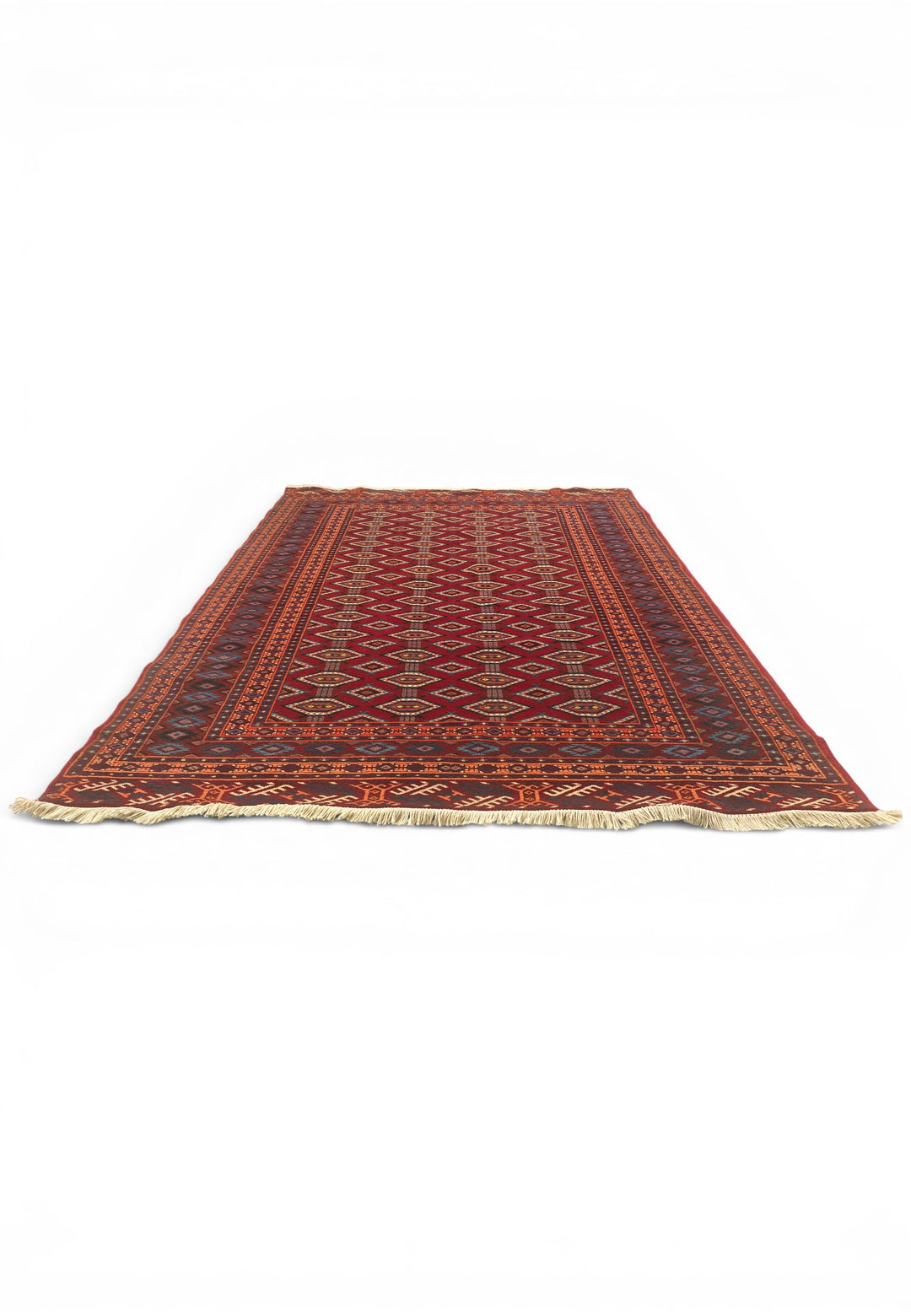 Deep Red Turkmen Lattice Rug, Hand-Knotted Afghani Sherwan
