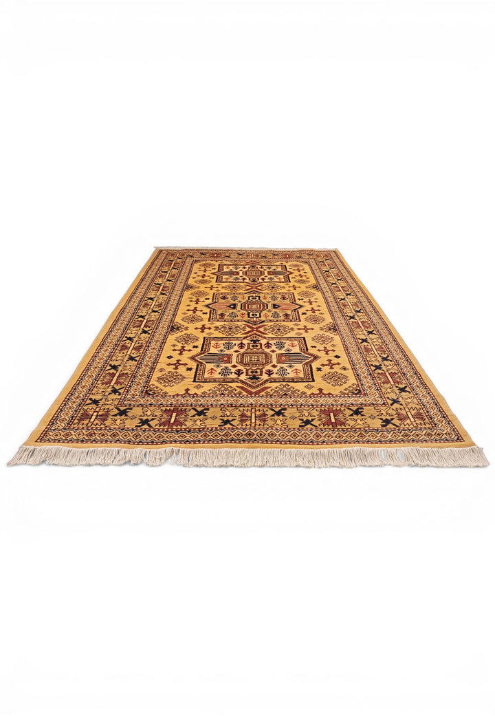 Gold Tribal Star Kazak Rug, Hand-Knotted Afghan Wool
