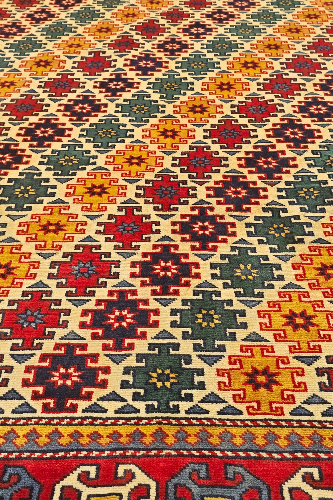 Multicolour Diamond Lattice Rug, Hand-Knotted Afghani Sherwan