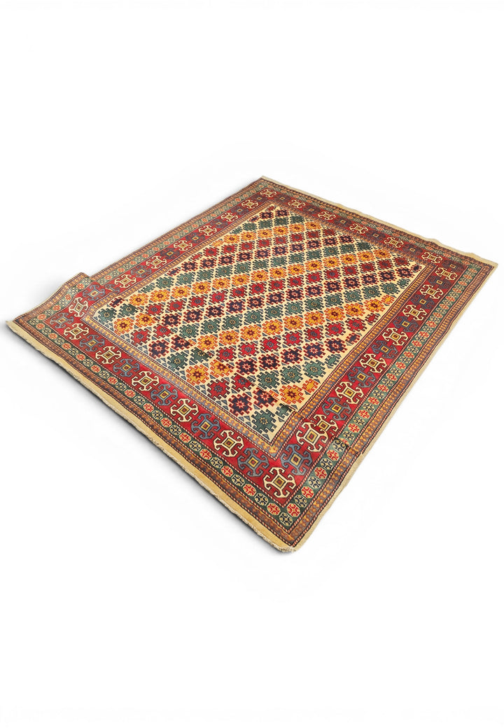 Multicolour Diamond Lattice Rug, Hand-Knotted Afghani Sherwan