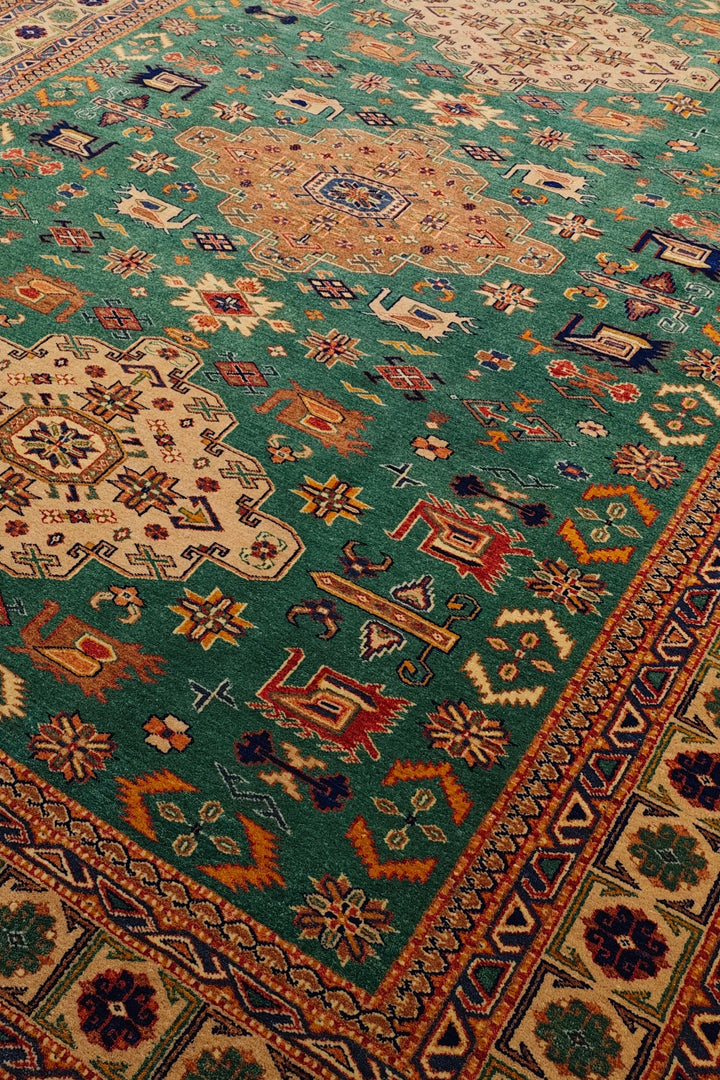 Green Tribal Medallion Rug, Hand-Knotted Afghani Sherwan