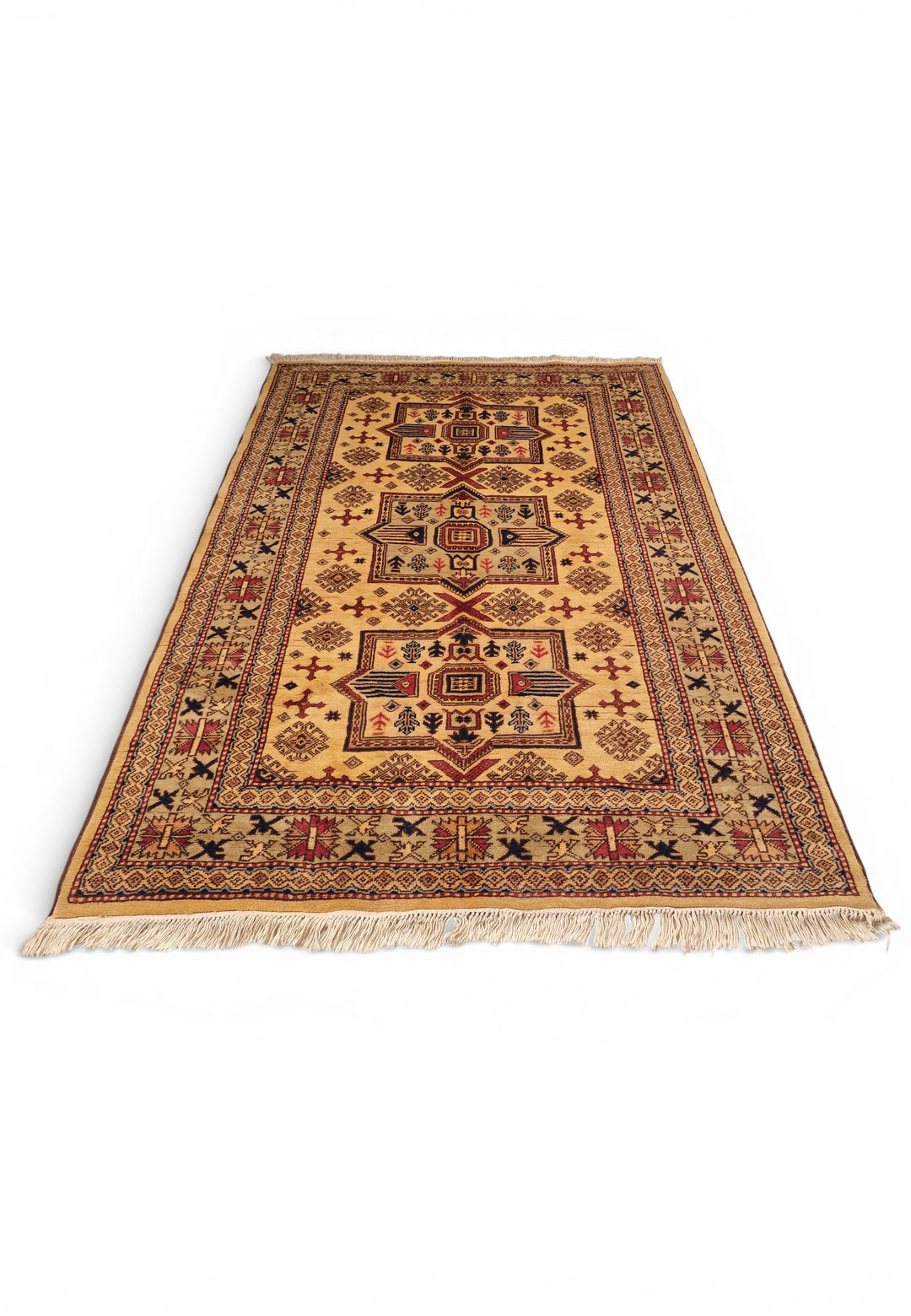 Gold Caucasian Star Kazak Rug, Hand-Knotted Afghan Wool