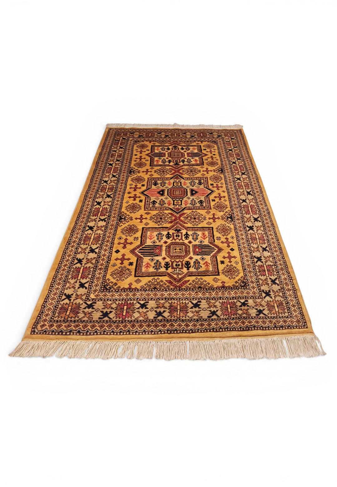 Gold Star-Medallion Kazak Rug, Hand-Knotted Afghan Wool
