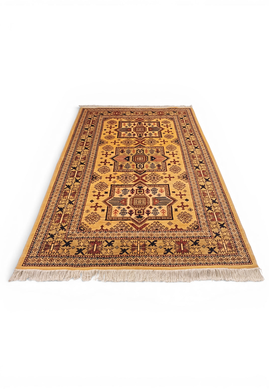 Gold Tribal Star Kazak Rug, Hand-Knotted Afghan Wool