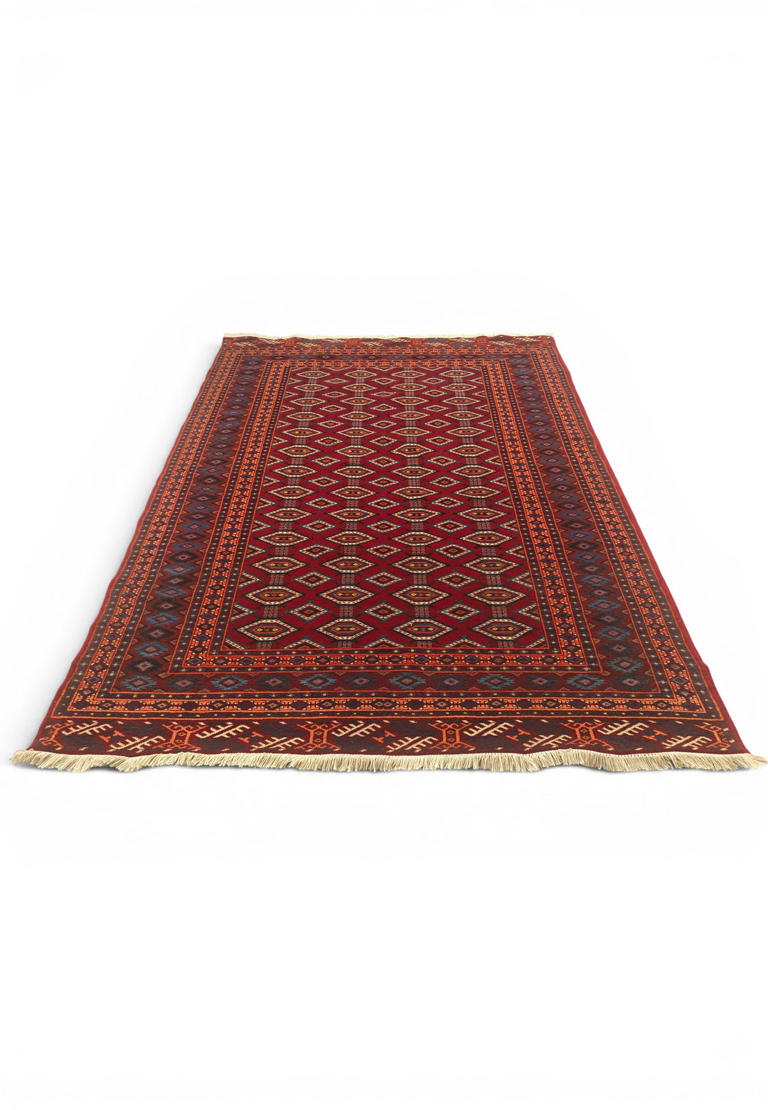 Deep Red Turkmen Lattice Rug, Hand-Knotted Afghani Sherwan