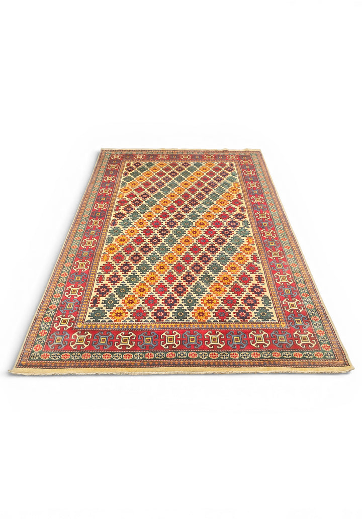 Multicolour Diamond Lattice Rug, Hand-Knotted Afghani Sherwan