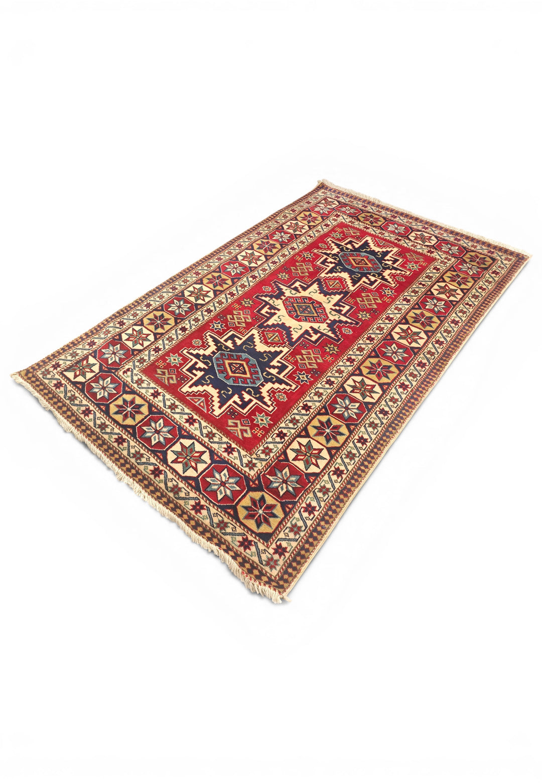 Red &amp; Ivory Kazak Star Rug, Hand-Knotted Afghani Sherwan