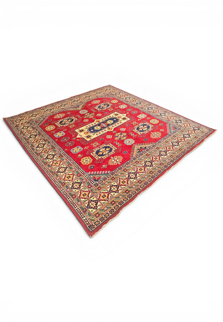 Red &amp; Ivory Kazak Medallion Rug, Hand-Knotted Afghani Sherwan