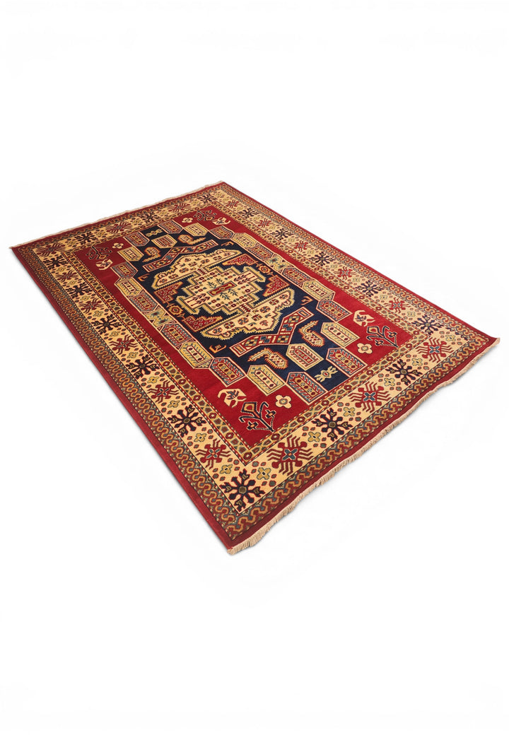 Red &amp; Navy Kazak Medallion Rug, Hand-Knotted Afghani Sherwan