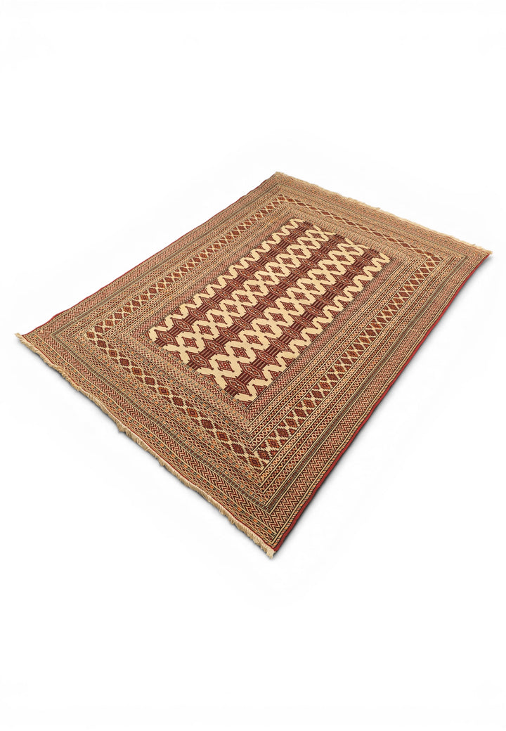 Ivory &amp; Red Turkmen Tribal Rug, Hand-Knotted Afghani Sherwan
