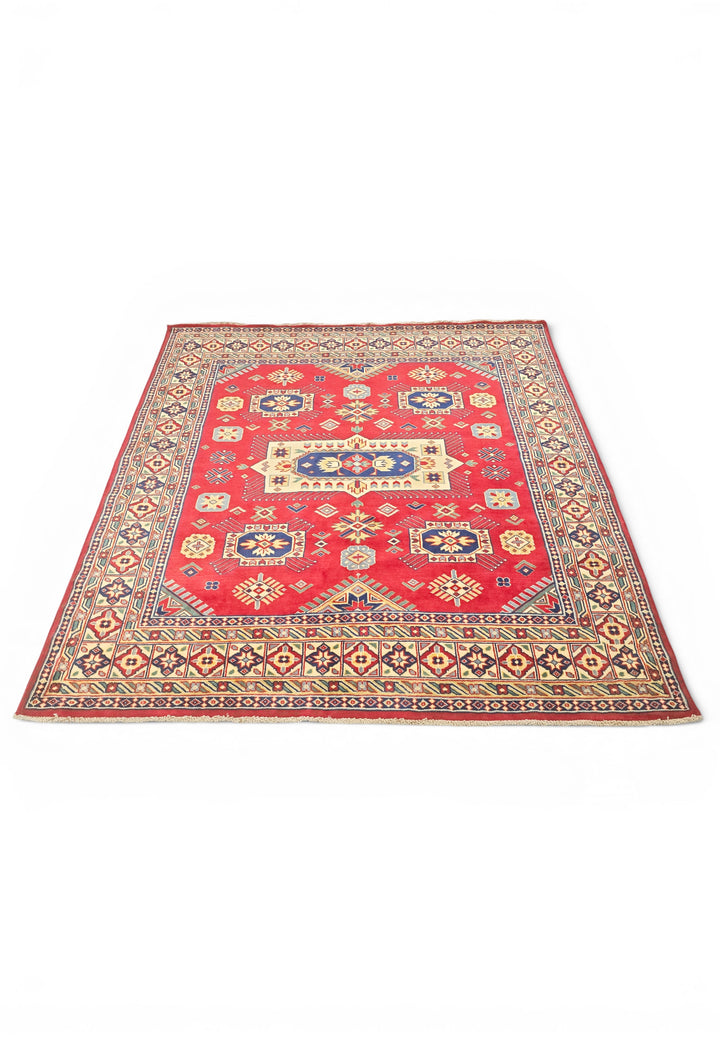 Red &amp; Ivory Kazak Medallion Rug, Hand-Knotted Afghani Sherwan