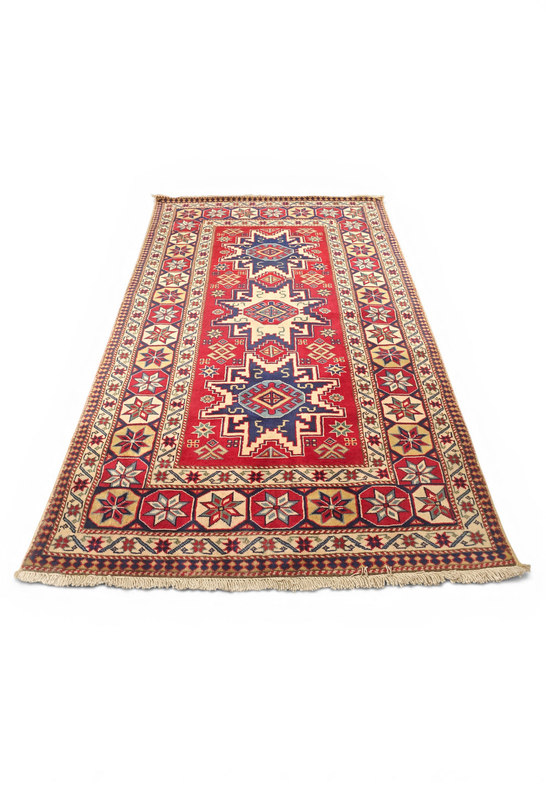 Red &amp; Ivory Kazak Star Rug, Hand-Knotted Afghani Sherwan