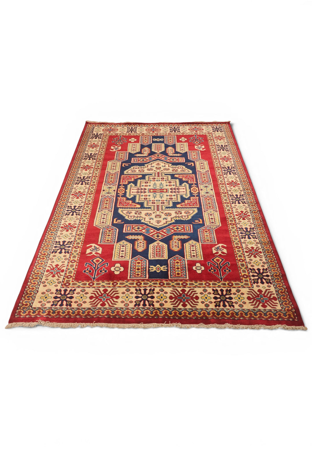 Red &amp; Navy Kazak Medallion Rug, Hand-Knotted Afghani Sherwan