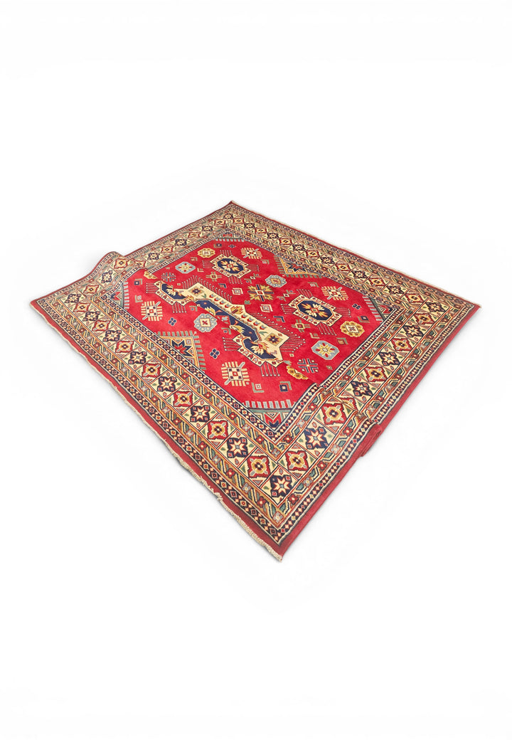 Red &amp; Ivory Kazak Medallion Rug, Hand-Knotted Afghani Sherwan