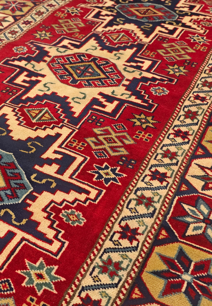 Red &amp; Ivory Kazak Star Rug, Hand-Knotted Afghani Sherwan