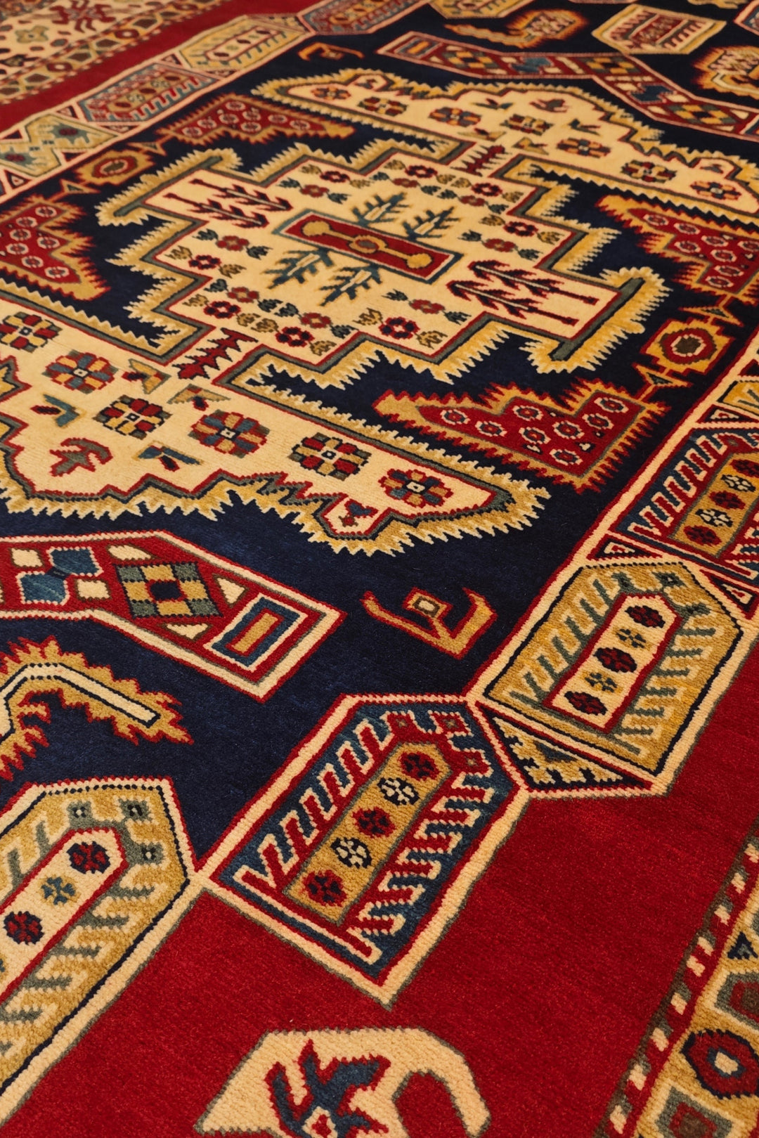 Red &amp; Navy Kazak Medallion Rug, Hand-Knotted Afghani Sherwan