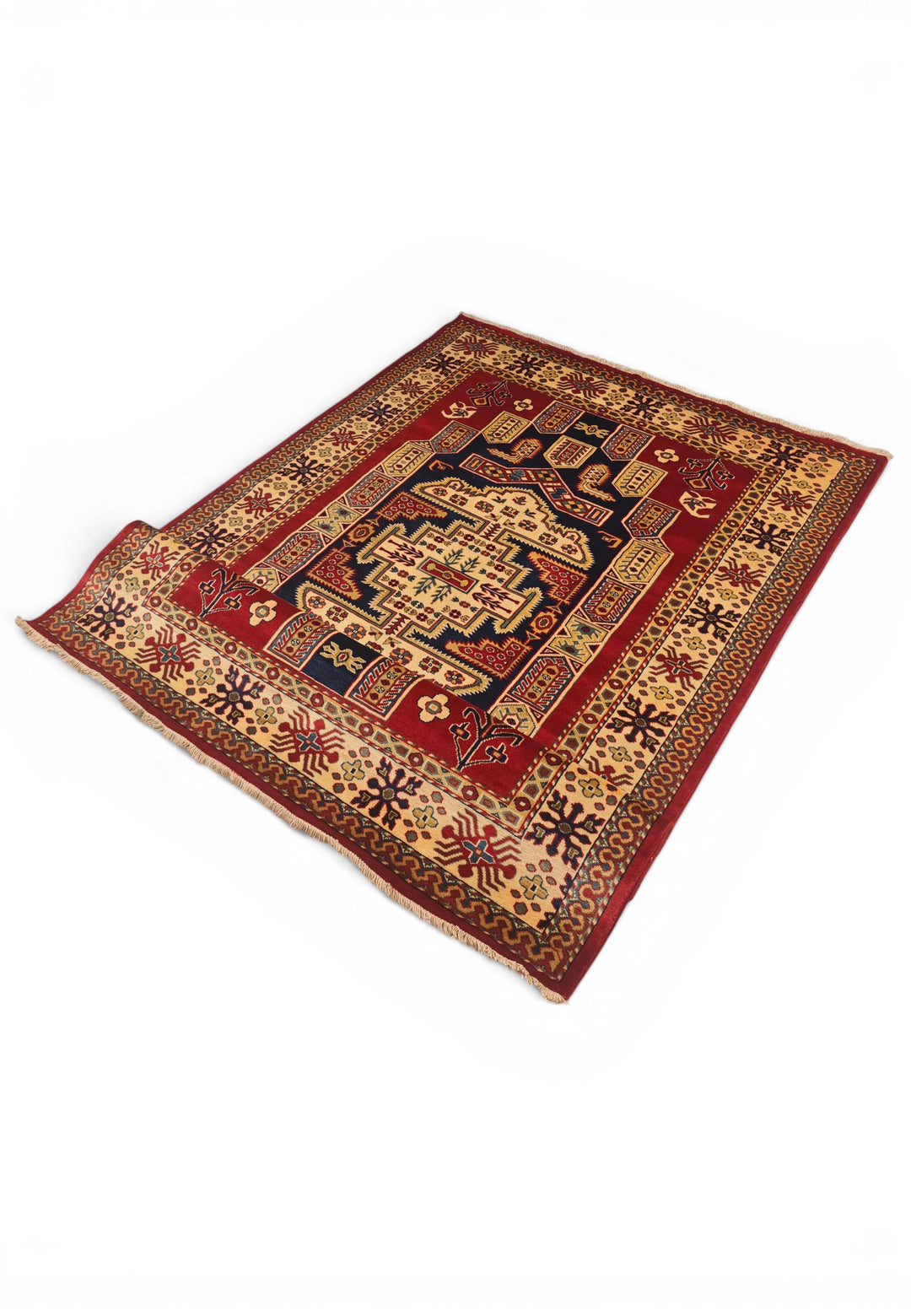 Red &amp; Navy Kazak Medallion Rug, Hand-Knotted Afghani Sherwan