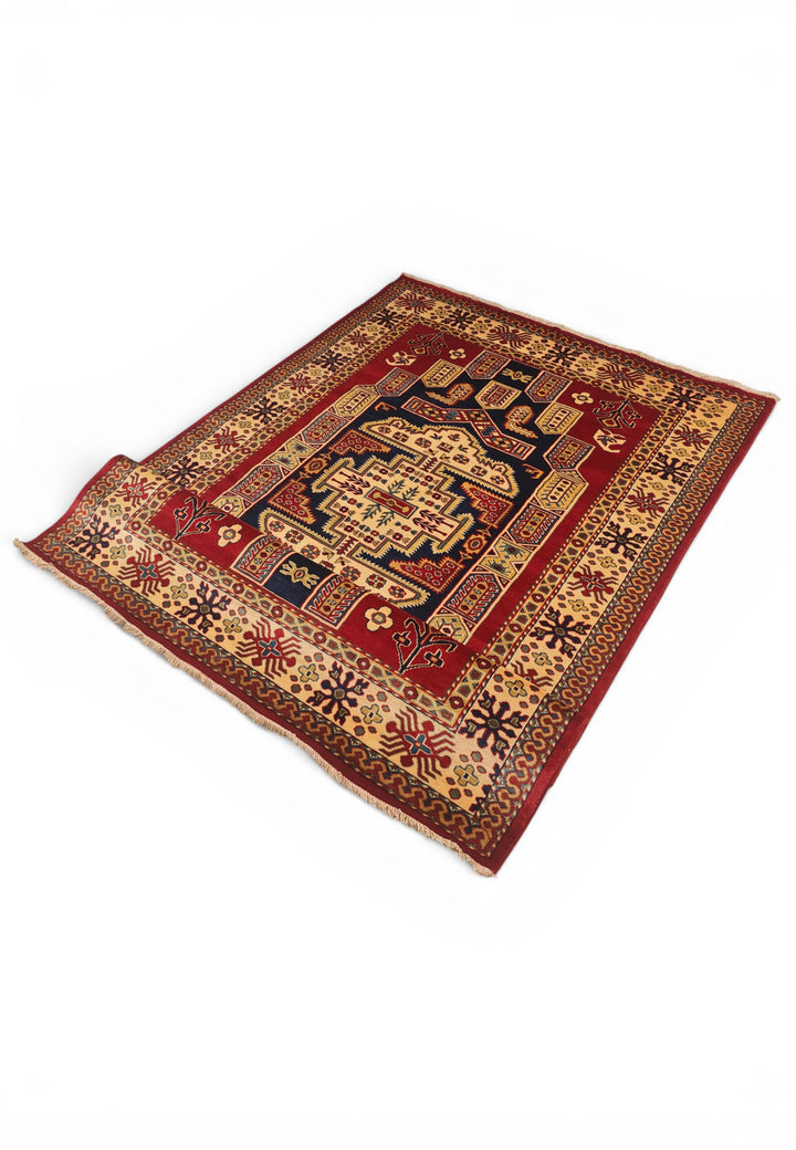 Red &amp; Navy Kazak Medallion Rug, Hand-Knotted Afghani Sherwan