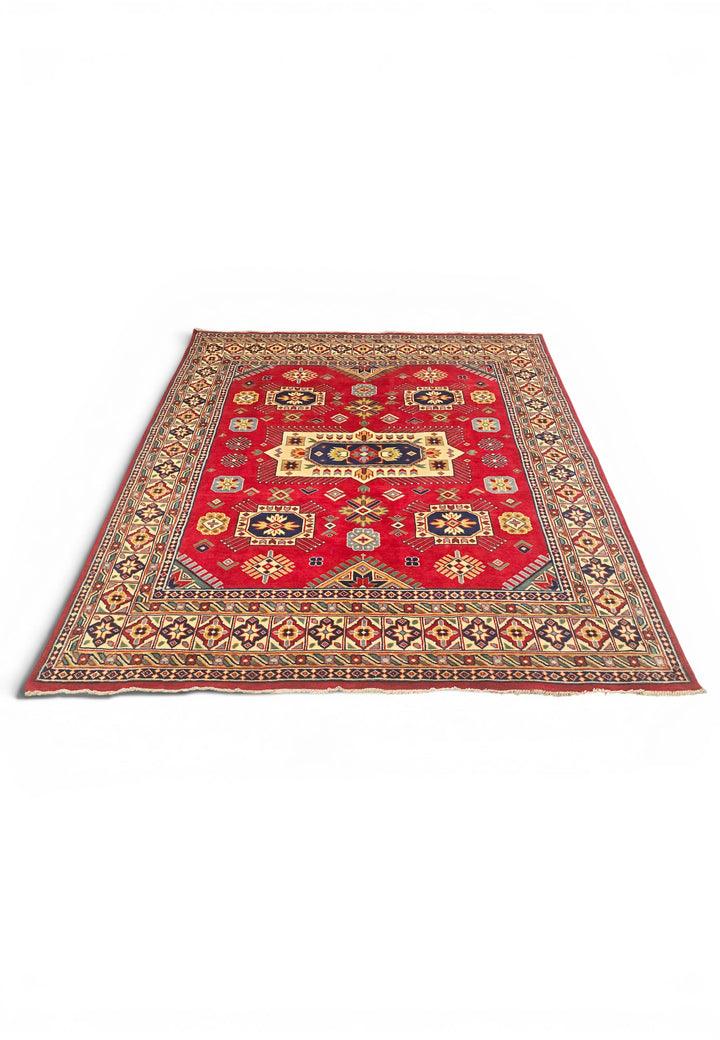 Red &amp; Ivory Kazak Medallion Rug, Hand-Knotted Afghani Sherwan