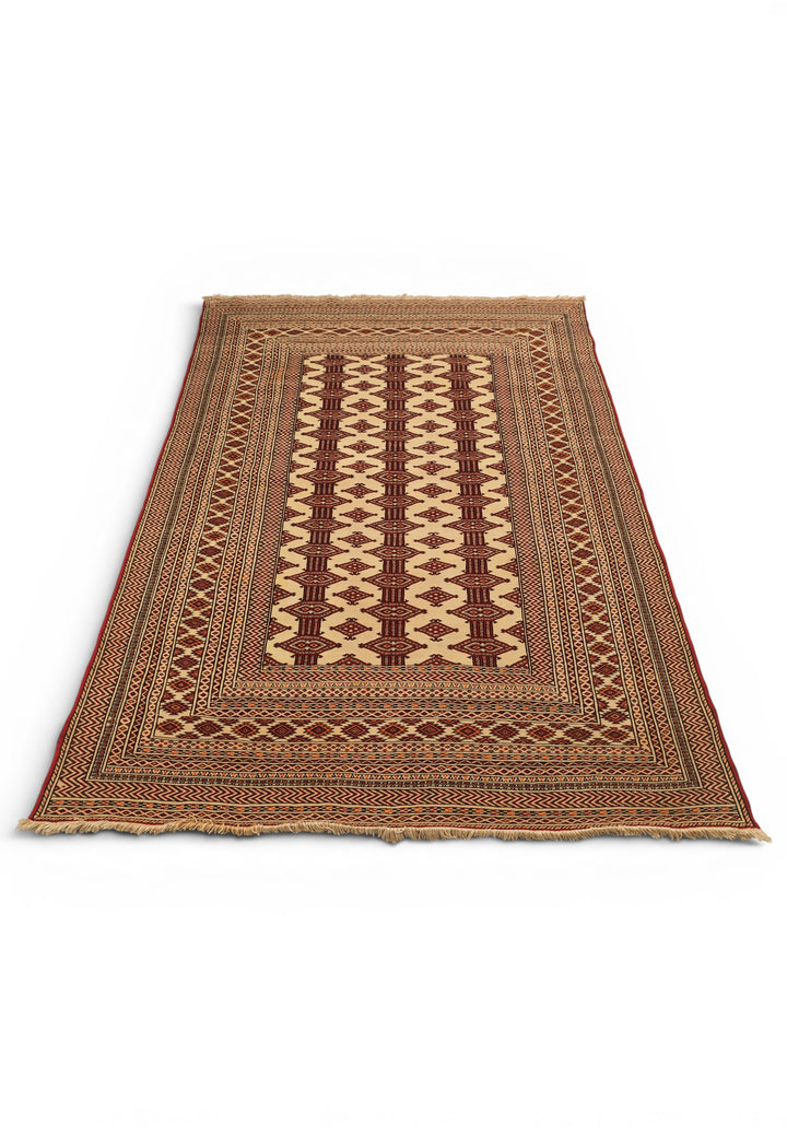 Ivory &amp; Red Turkmen Tribal Rug, Hand-Knotted Afghani Sherwan