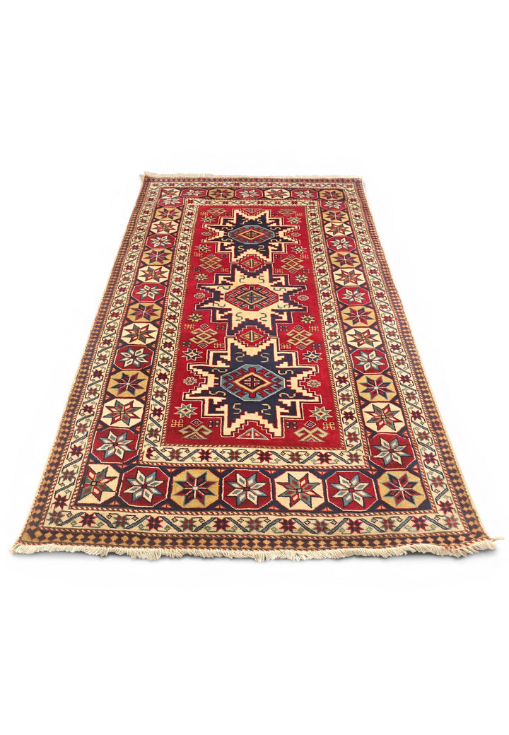 Red &amp; Ivory Kazak Star Rug, Hand-Knotted Afghani Sherwan