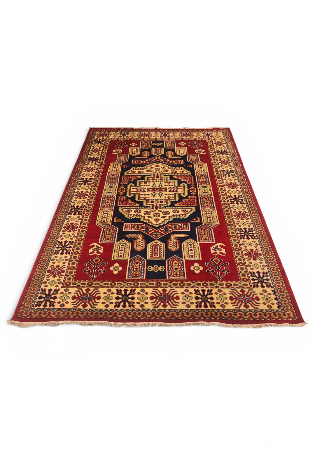 Red &amp; Navy Kazak Medallion Rug, Hand-Knotted Afghani Sherwan