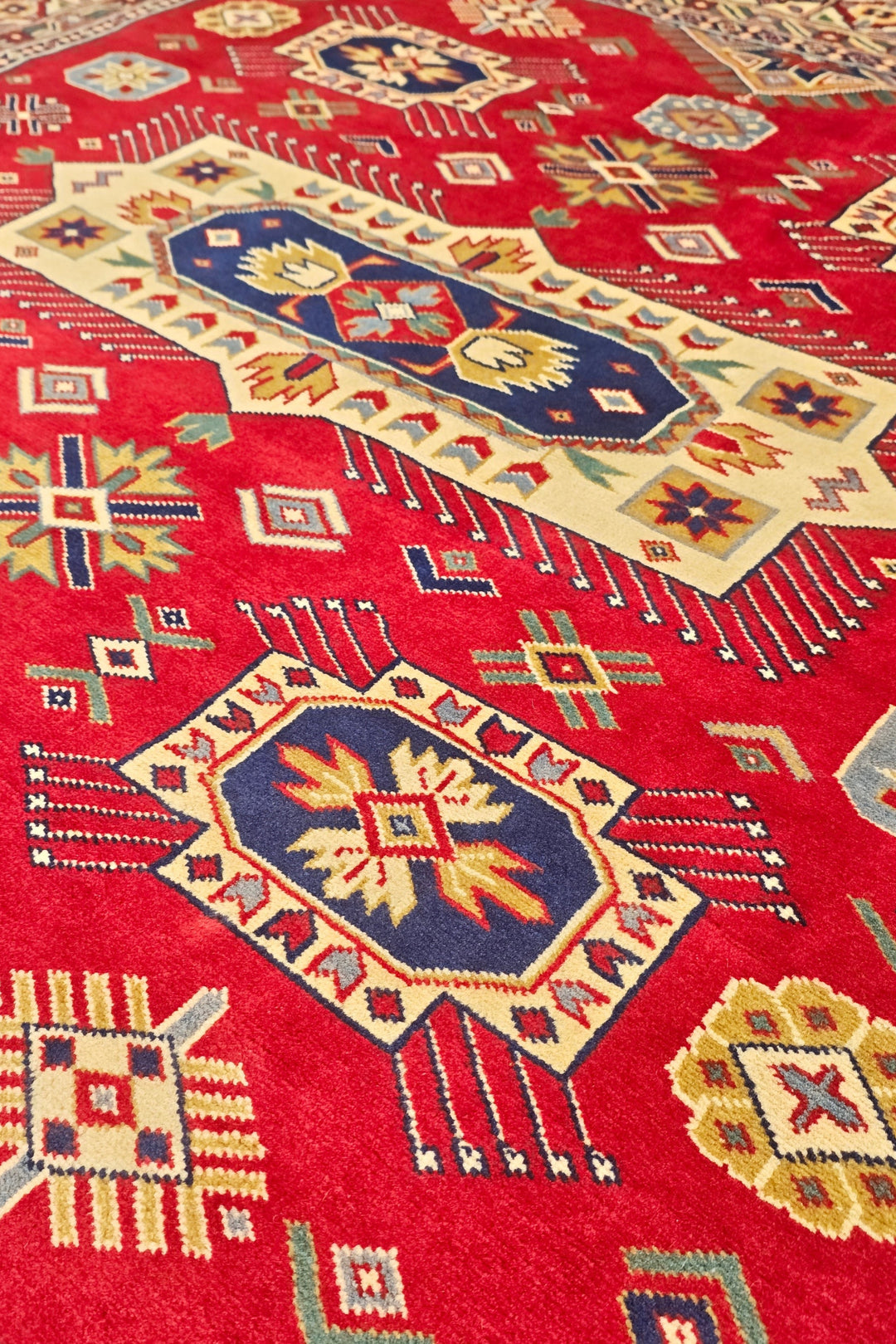 Red &amp; Ivory Kazak Medallion Rug, Hand-Knotted Afghani Sherwan