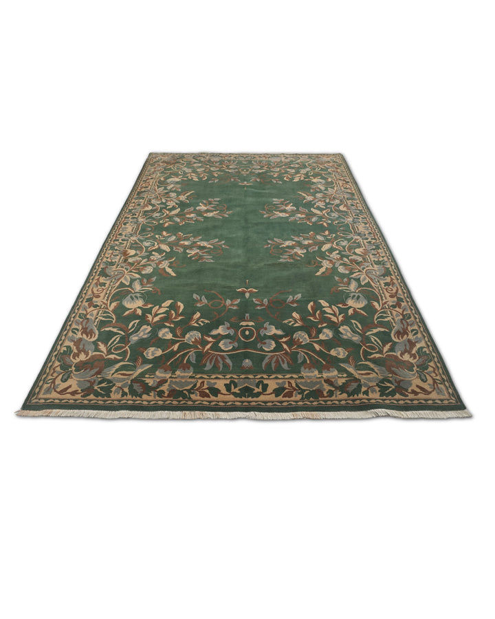 Green and Camel Gol Farang Floral, Hand-Knotted Wool Rug