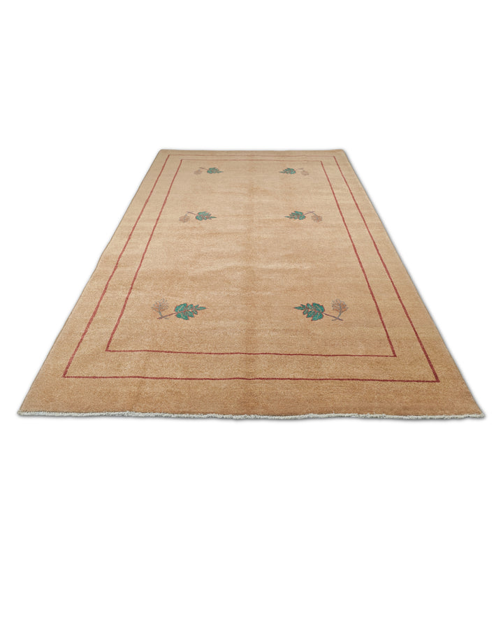 Camel and Green Floral Sprig, Hand-Knotted Wool Rug