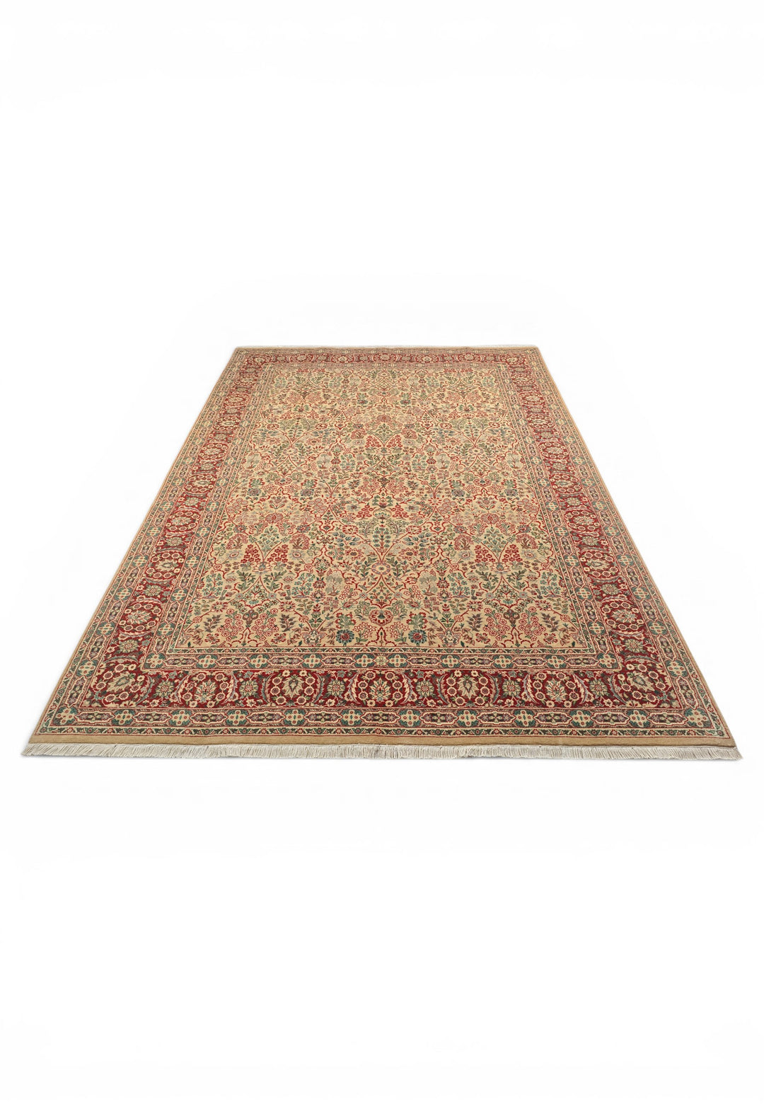 Cream and Red Floral, Hand-Knotted Pakistani Wool Rug