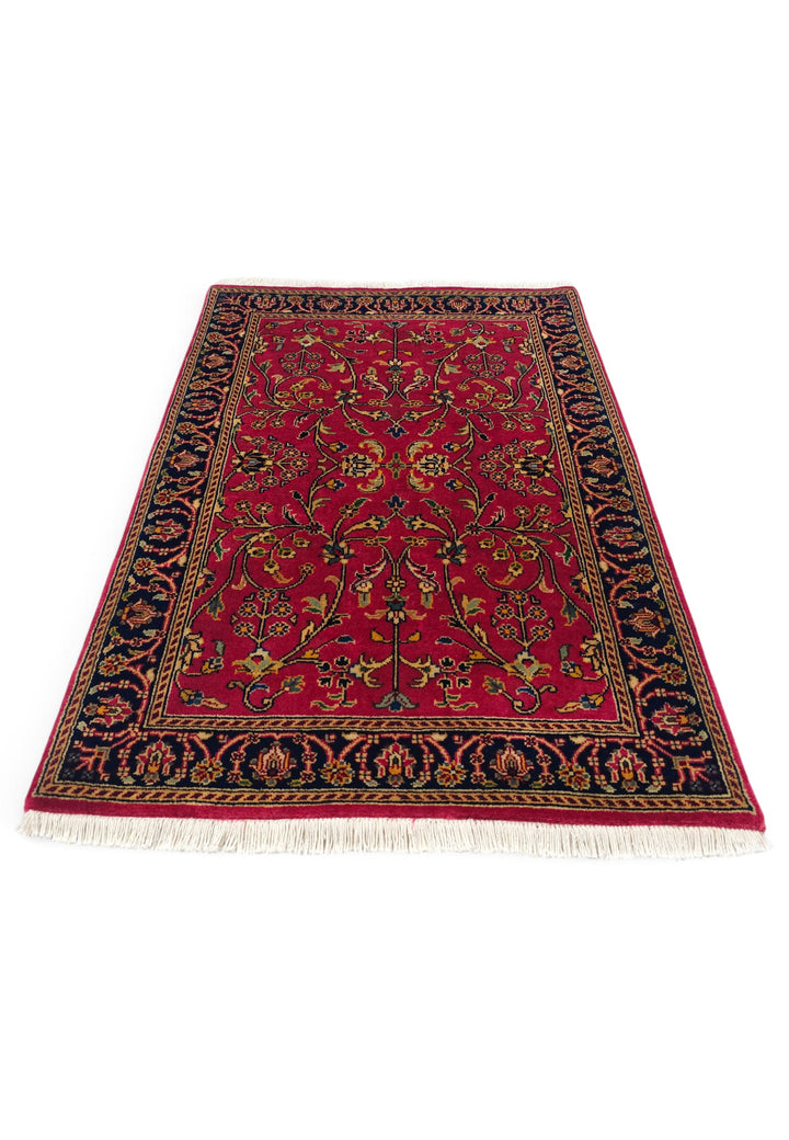Crimson and Indigo Sarouk Floral, Hand-Knotted Wool Rug