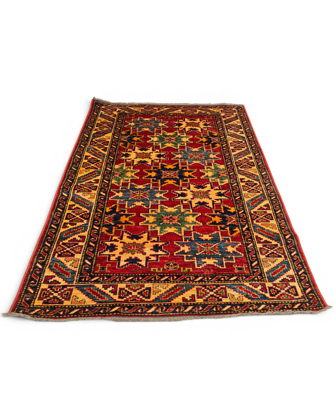 Red Lesghi Star Kazak Rug, Hand-Knotted Afghan Wool