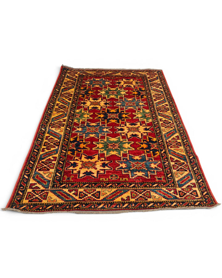 Red Lesghi Star Kazak Rug, Hand-Knotted Afghan Wool