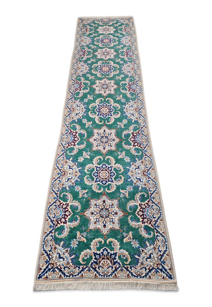Teal and Ivory Star Medallion Nain, Hand-Knotted Wool Rug