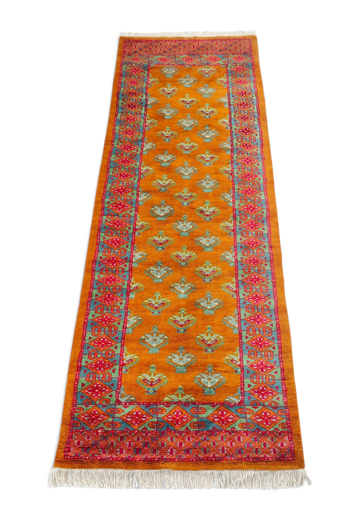 Saffron and Teal Flowering Shrub Repeat, Hand-Knotted Wool Rug