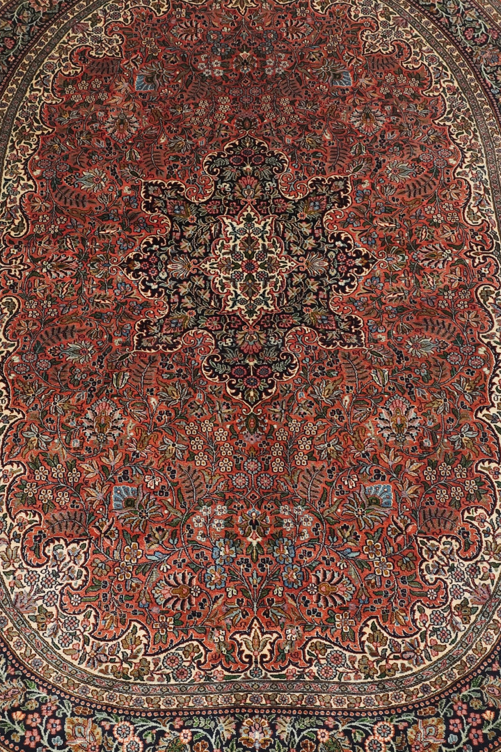 Brick Red and Black Oval Medallion, Hand-Knotted Silk Rug