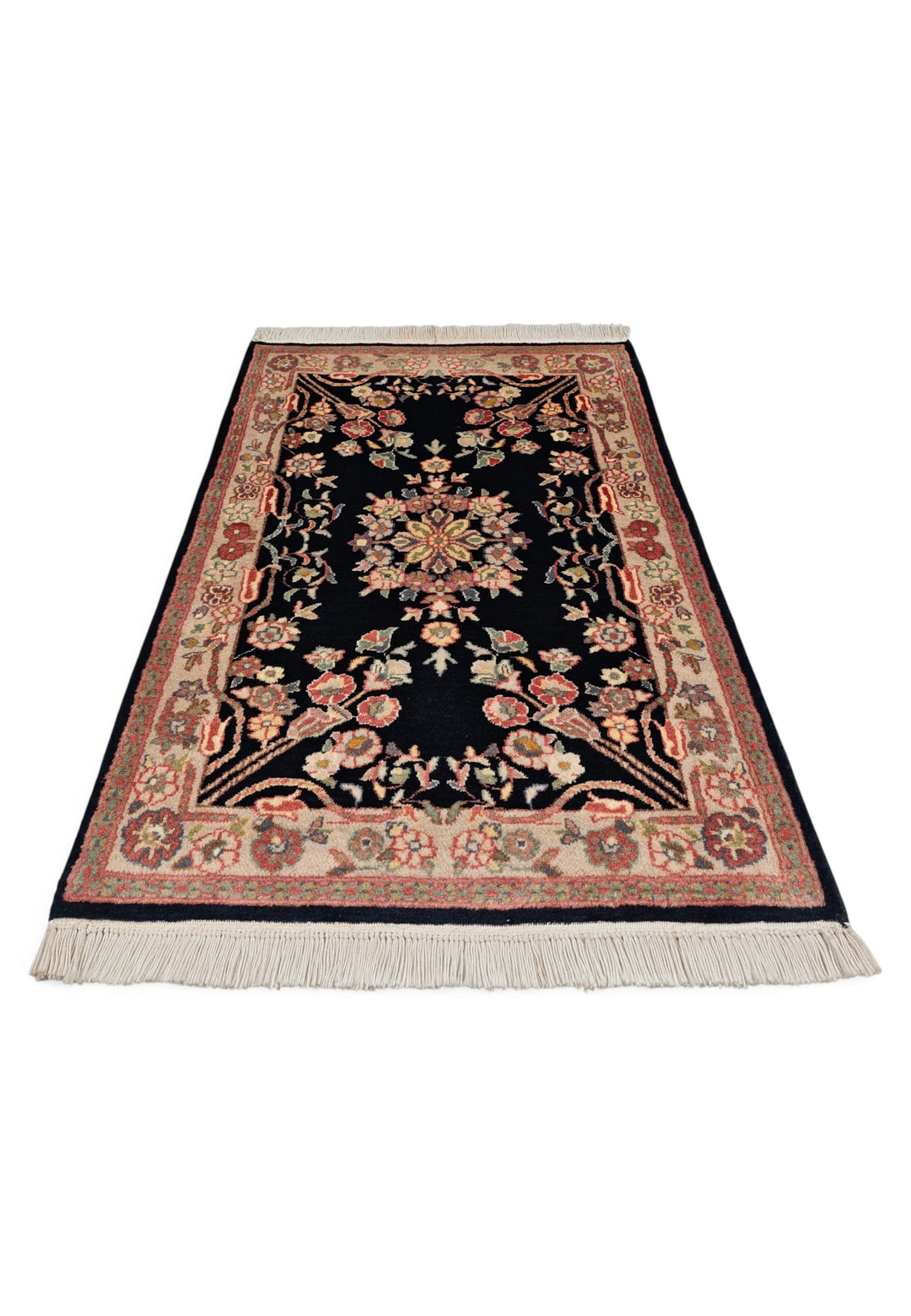 Black and Cream Kashan Floral Medallion, Hand-Knotted Wool Rug