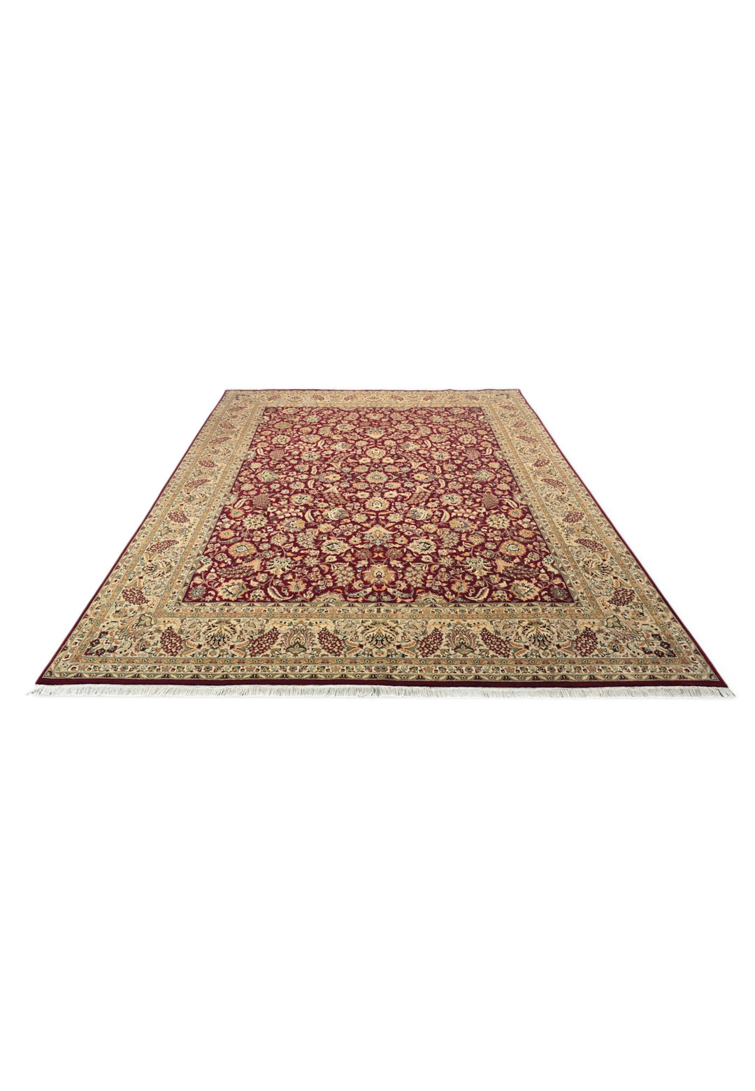 Burgundy and Camel Shah Abbasi Floral, Hand-Knotted Wool Rug