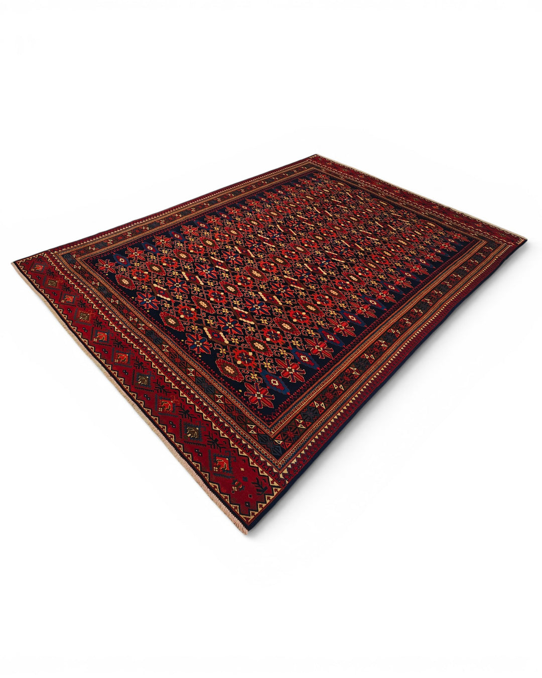 Indigo &amp; Red All-Over Floral Rug, Hand-Knotted Afghani Sherwan