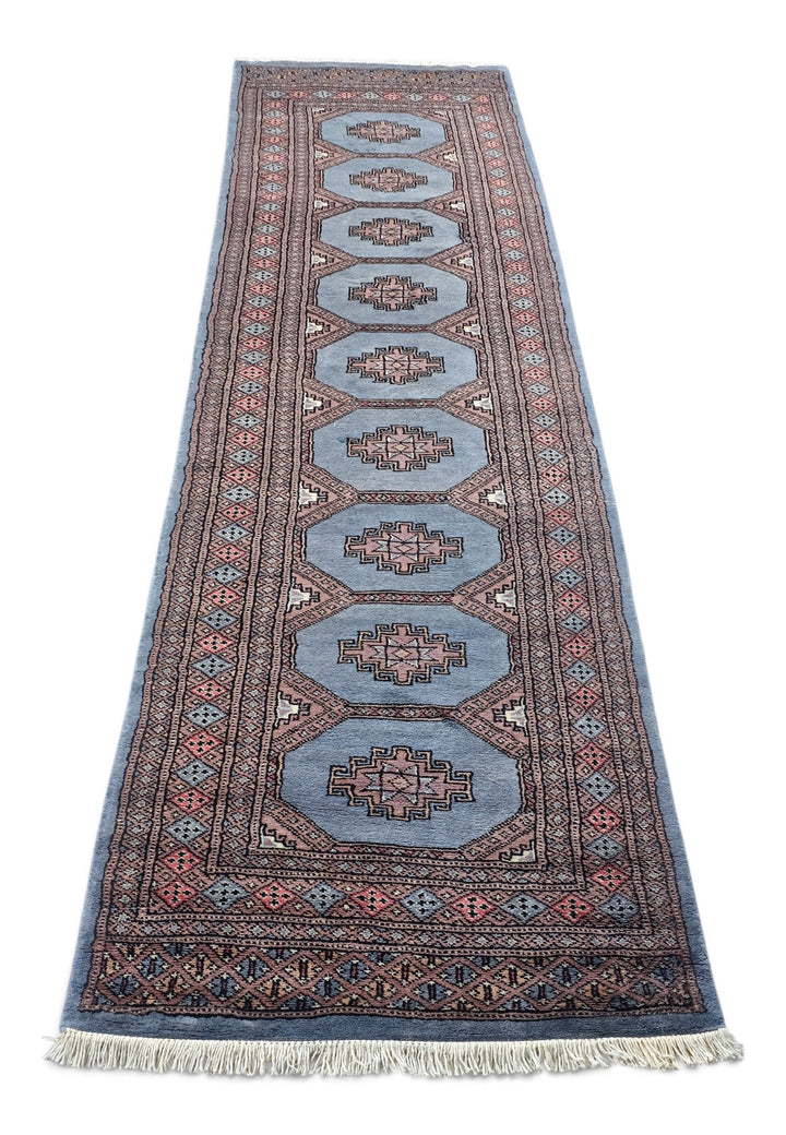 Dusty Blue and Rose Turkmen Gül Bokhara, Hand-Knotted Wool Rug