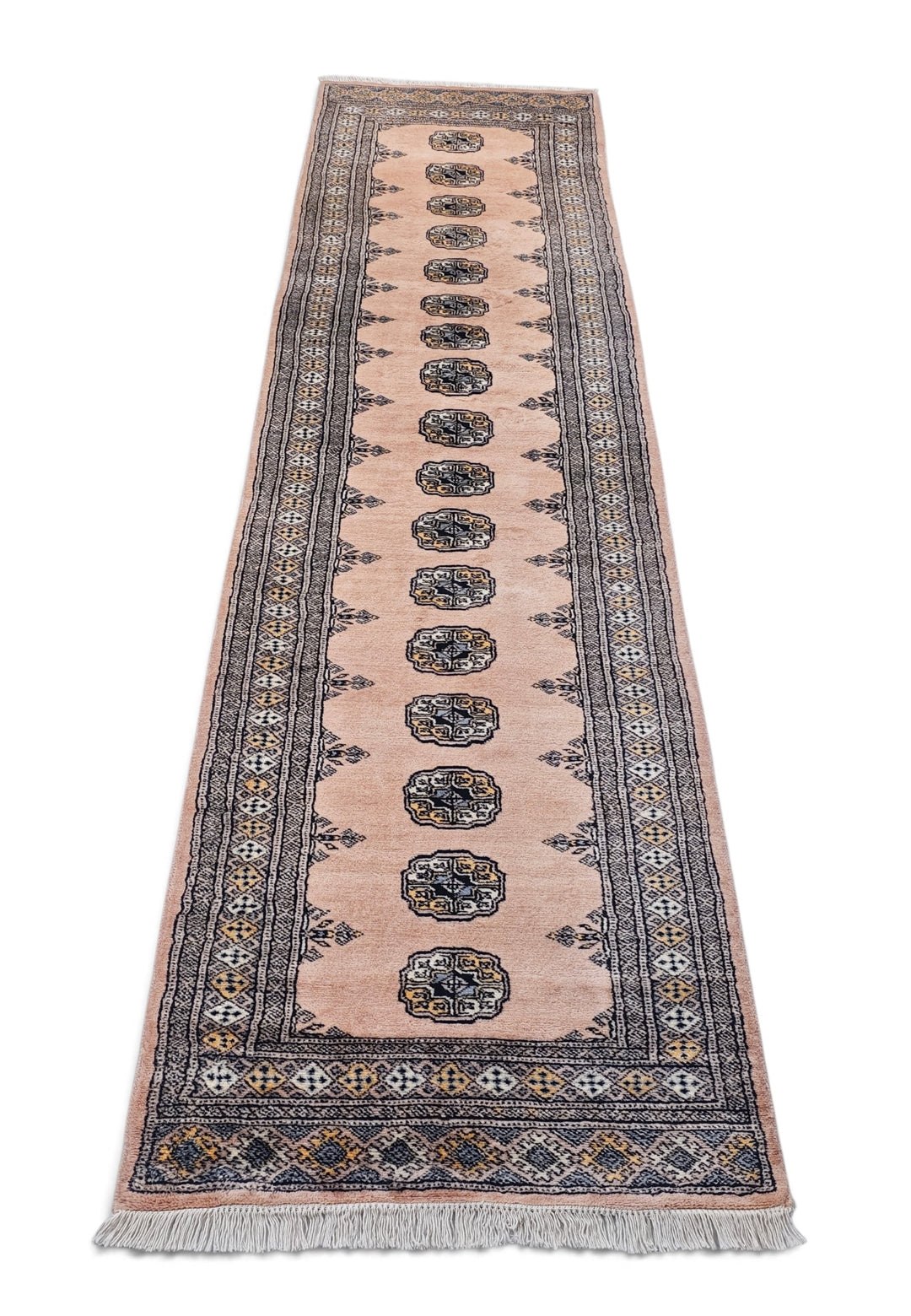 Salmon and Espresso Single Column Gül Bokhara, Hand-Knotted Wool Rug