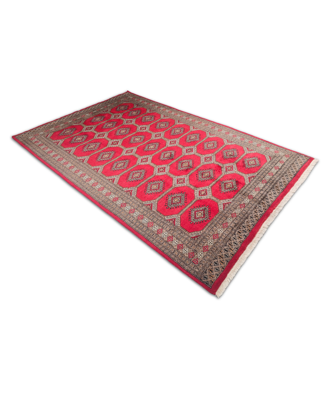 Bright Red and Sand Jaldar Lattice Gül, Hand-Knotted Wool Rug