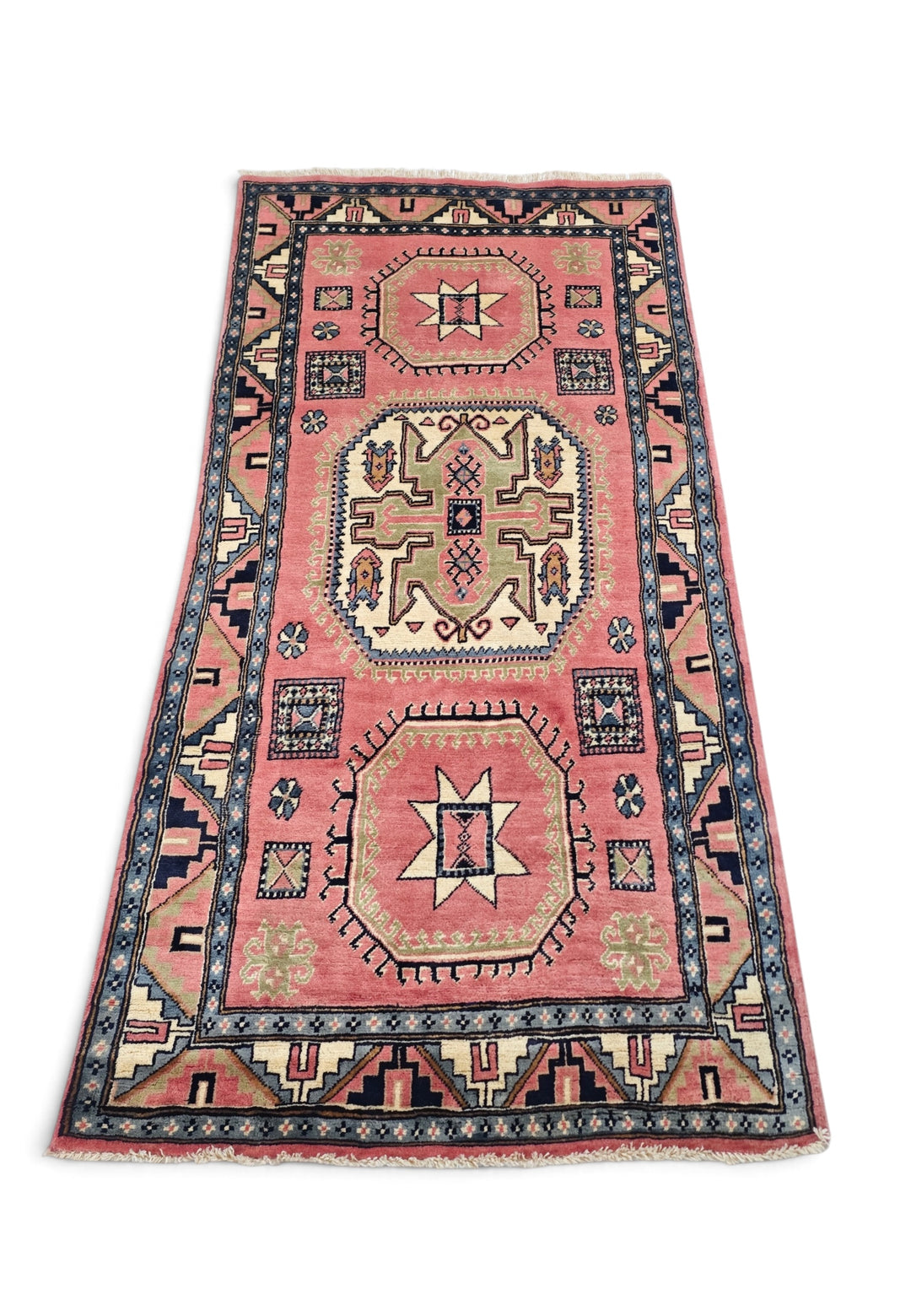 Rose and Ivory Star and Cross Medallion Kazak, Hand-Knotted Wool Rug