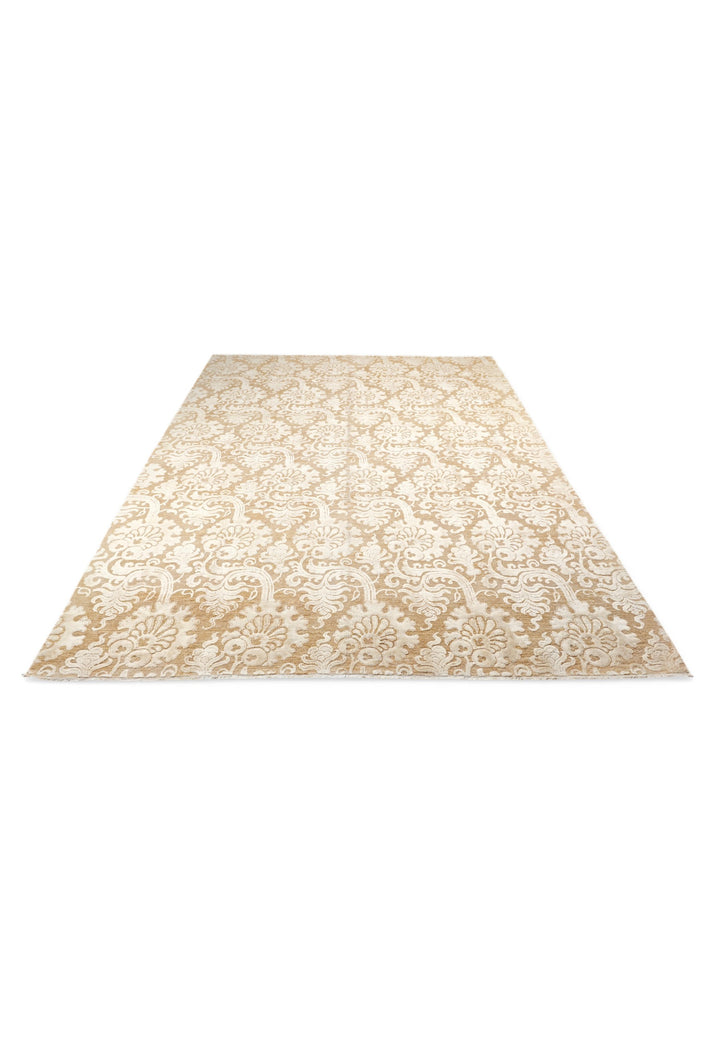 Ivory and Camel Damask Ghazni, Hand-Knotted Wool and Silk Rug