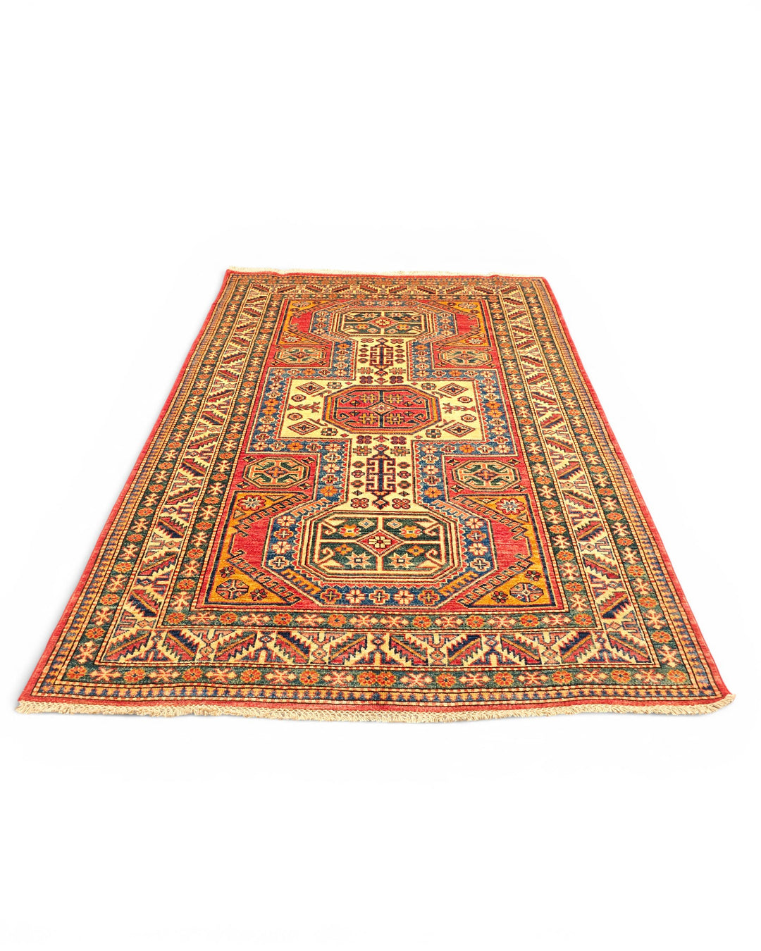 Red &amp; Gold Octagon Kazak Rug, Hand-Knotted Afghan Wool