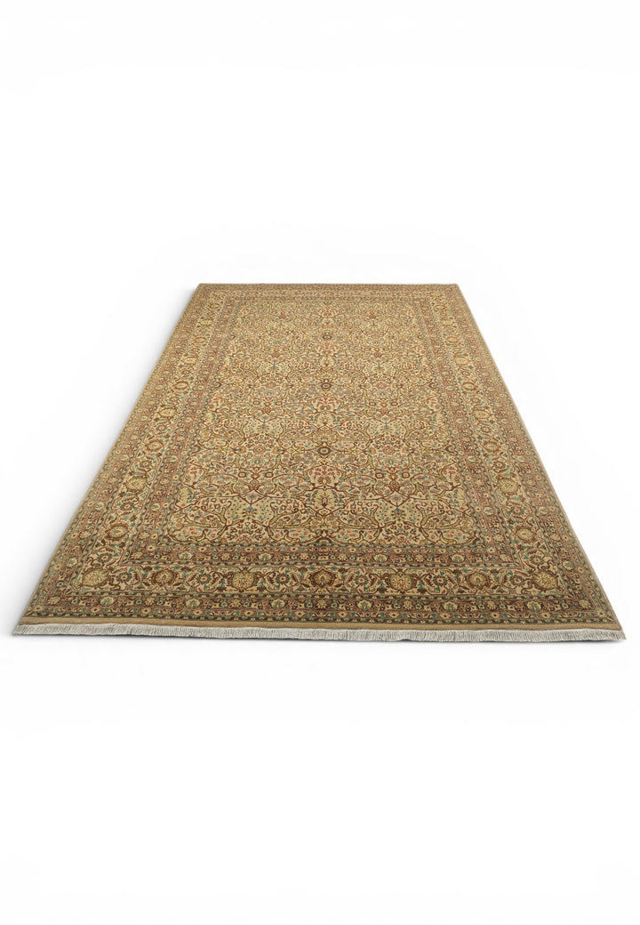 Cream and Brown Afshan Shah Abbasi, Hand-Knotted Pakistani Wool Rug